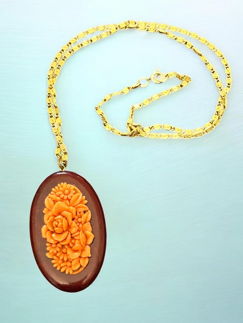 Vintage Carved Celluloid Floral Pendant Necklace